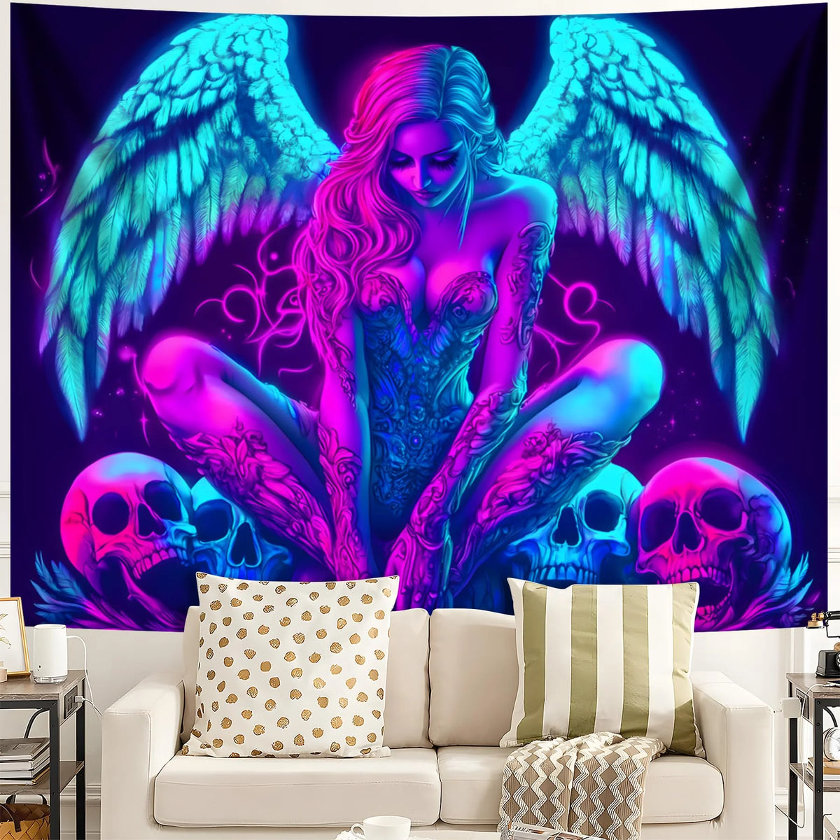 VIKAMA Cyberpunk Angel Skull Tapestry Psychedelic Art Bedroom Gaming Room Bar Hanging Cloth Home Decor
