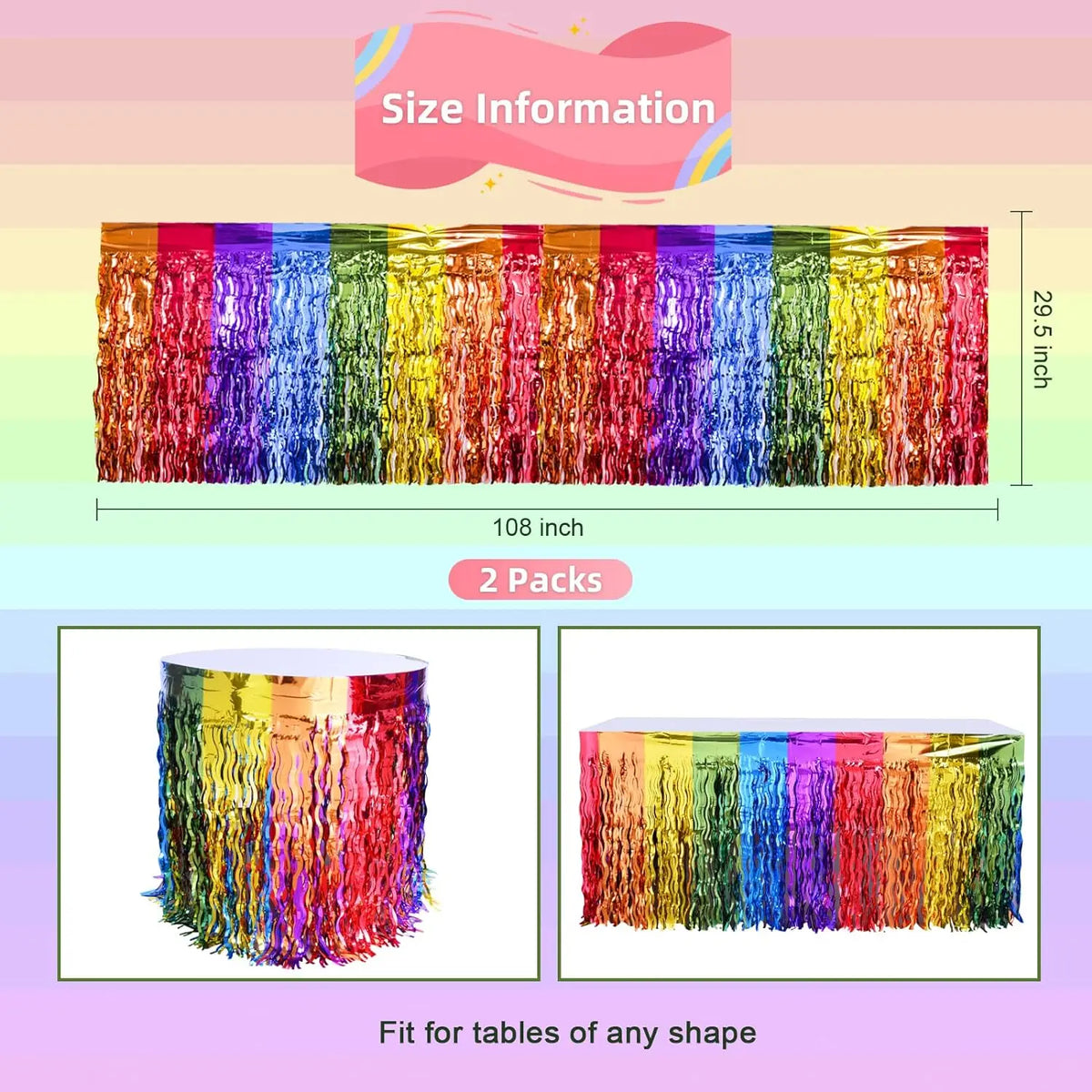 Rainbow Wavy Table Skirt Rainbow Metallic Foil Tinsel Table Skirts for Birthday Wedding Engagement Bridal Shower Party Supplies