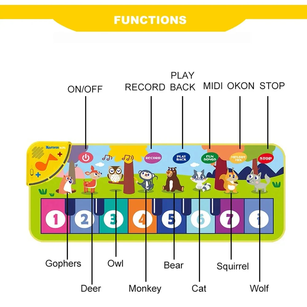 Piano Mat for Kids Kids Toddlers Floor Keyboard Dance Mat Baby Fitness Play Animal Music Blanket Instrument Toys Girl Boy Gift