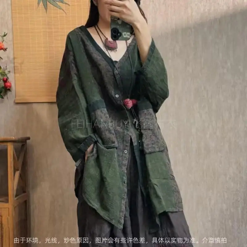 2026 Spring Autumn New Arts Style Women Single Breasted V-neck Long Coat Vintage Patchwork Print Cotton Linen Loose Jackets F89