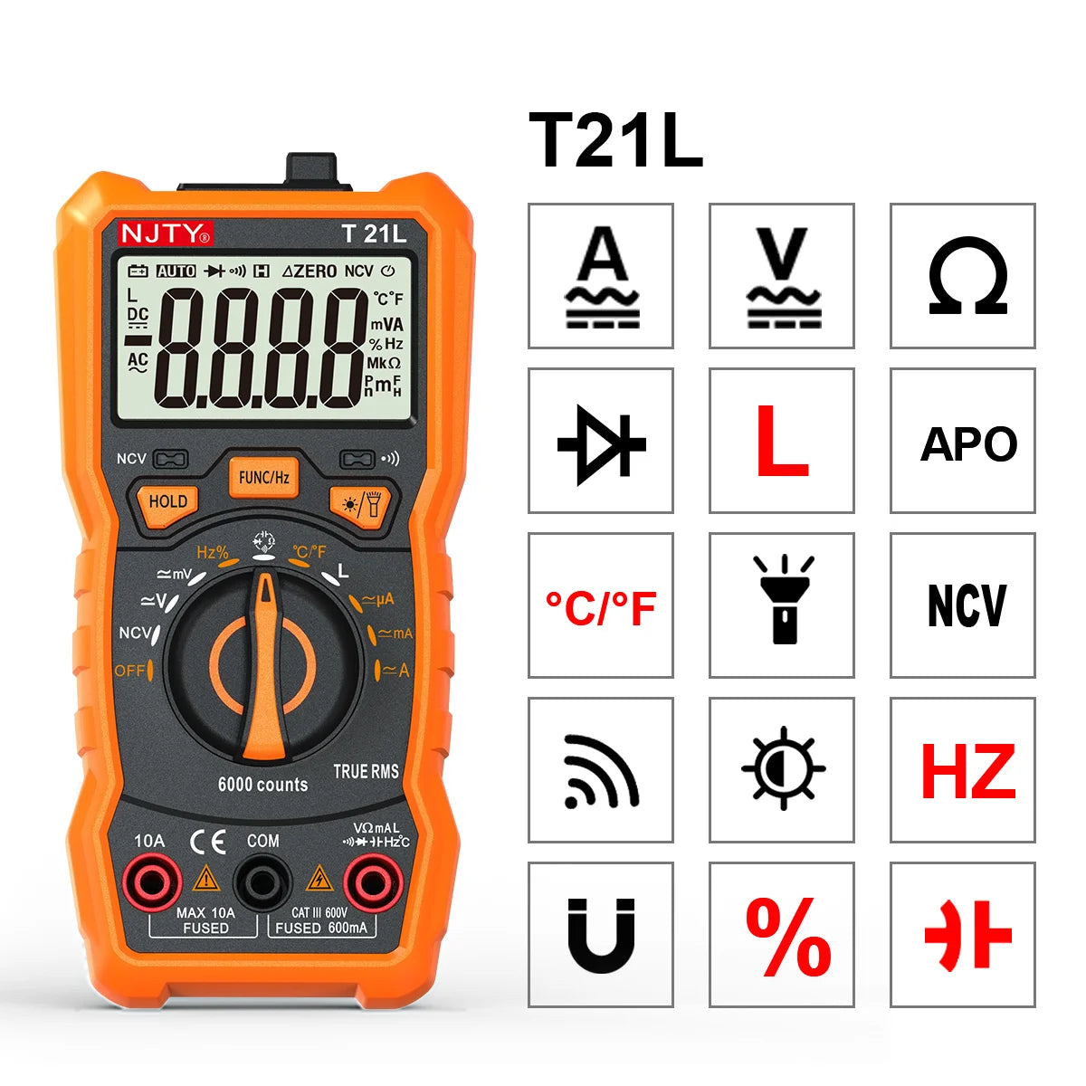 NJTY T21 Professional True RMS Digital Multimeter 6000 Counts True-RMS Auto/ Manual Range AC/DC Voltage Anti-Burn Voltmeter