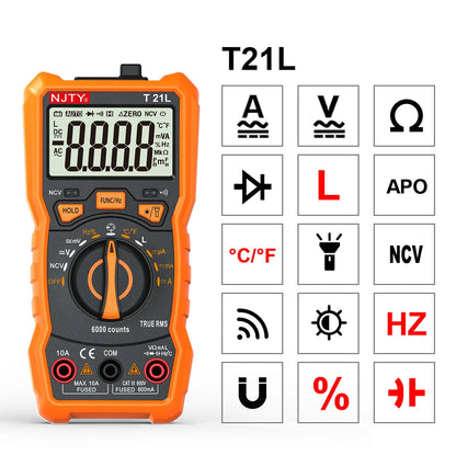 NJTY T21 Professional True RMS Digital Multimeter 6000 Counts True-RMS Auto/ Manual Range AC/DC Voltage Anti-Burn Voltmeter