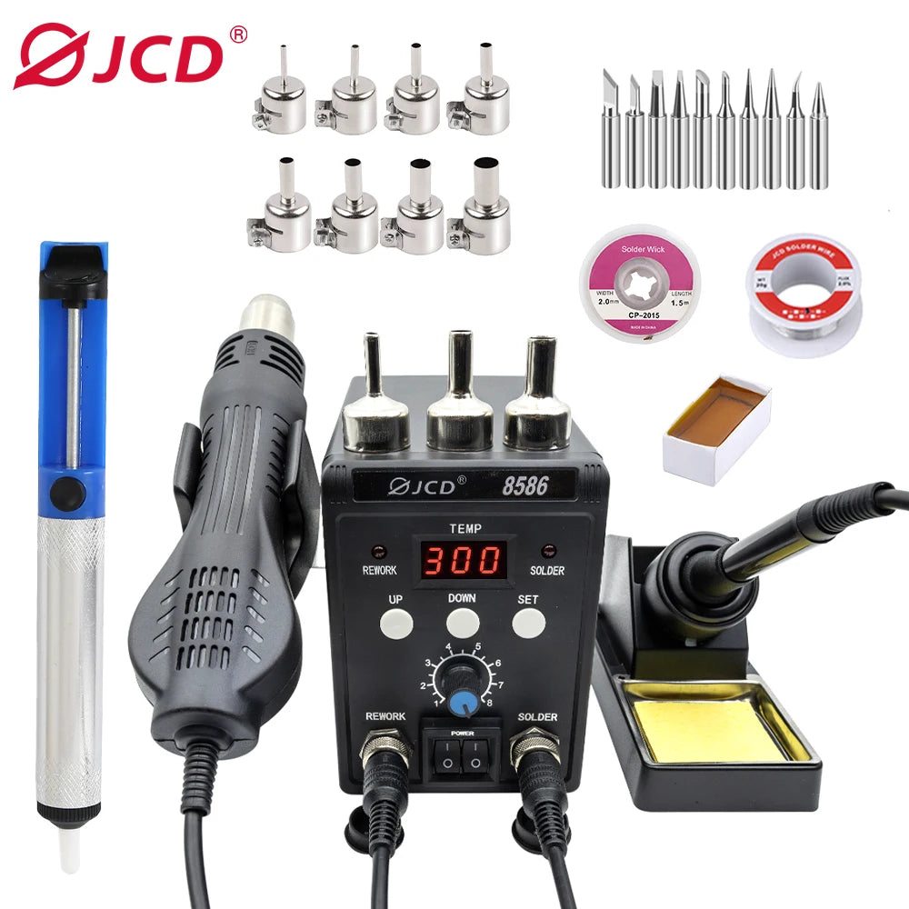 JCD 2 in 1 Digital Soldering Station Hot Air Gun Solder Iron SMD BGA Rework Desoldering Welding Repair Tools 760W 220V 110V 8586