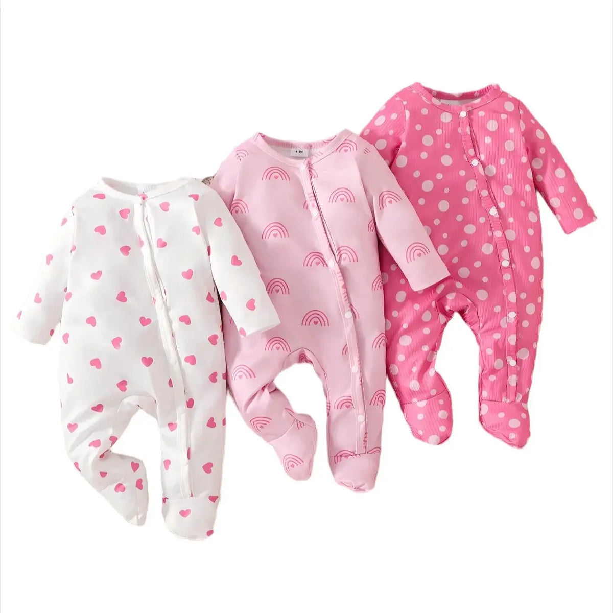 Infant Girls' Four-Season Lightweight Sweet Style Baby Comfortable Round Neck Long-Sleeve Footed Geometric Pattern Three-Piece S