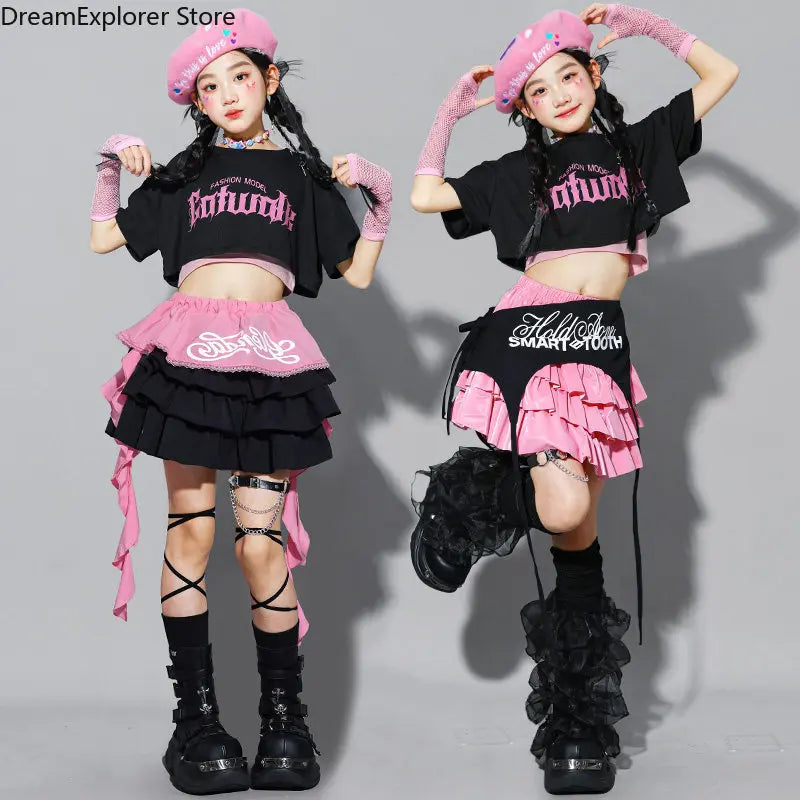 Girls K-pop Crop Top Street Dance Tiered Skirt Cargo Pants Children Costume Kids Hip Hop Streetwear Jazz Girl Group Clothes Sets