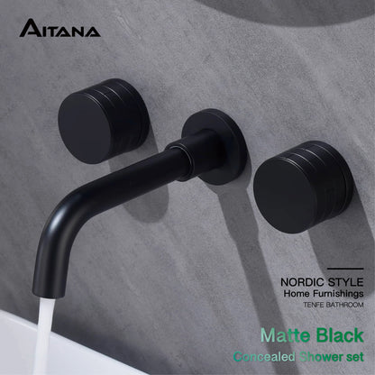 Luxury Black Bathroom Concealed Faucet Wall-Mounted Design, Double Handle, 3-Hole Cold and Hot Dual-Control Brass Basin Tap