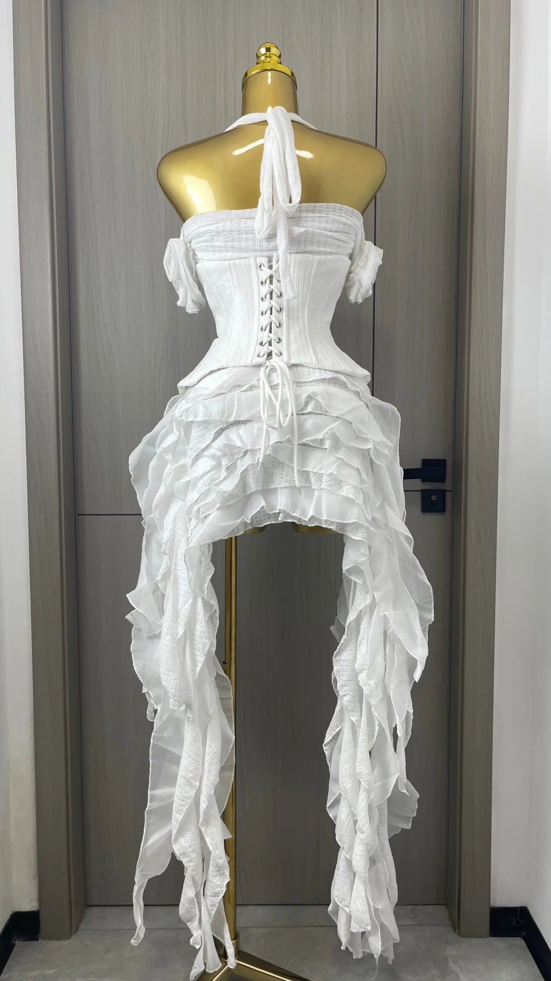 Women Skirt Suit Draped Dress Three Piece Sets Sexy Halter Ruffled Dress Lace-up Corset Top Shorts Party Cocktail Dress Vestidos