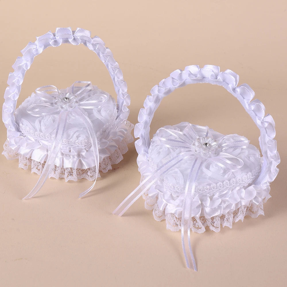 White Lace Heart Shaped Wedding Ring Box with Handle, Bridal Ring Bearer Pillow Box for Ceremony, Engagement Ring Holder Gift