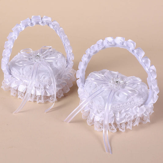 White Lace Heart Shaped Wedding Ring Box with Handle, Bridal Ring Bearer Pillow Box for Ceremony, Engagement Ring Holder Gift