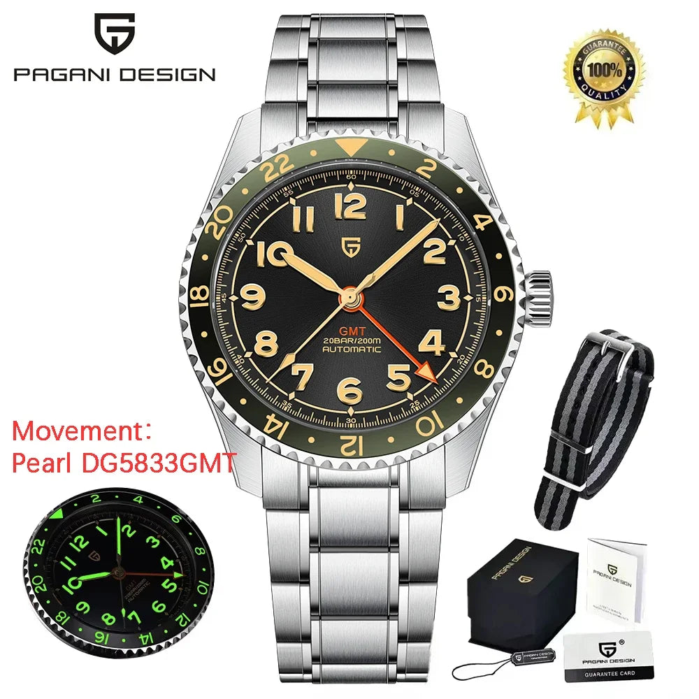 PAGANI DESIGN GMT Automatic Watch For Men 40MM Vintage Dial Sapphire 200M Waterproof Luminous Stainless Mechanical Wristwatch