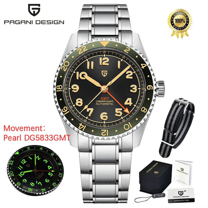 PAGANI DESIGN GMT Automatic Watch For Men 40MM Vintage Dial Sapphire 200M Waterproof Luminous Stainless Mechanical Wristwatch