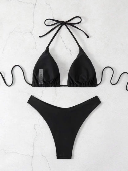 Sexy Solid Halter Lace Up Low Waist Bikini Set Women's 2 Pieces Swimsuit Triangle Thong Swimwear Bathing Suit Brazilian Biquini