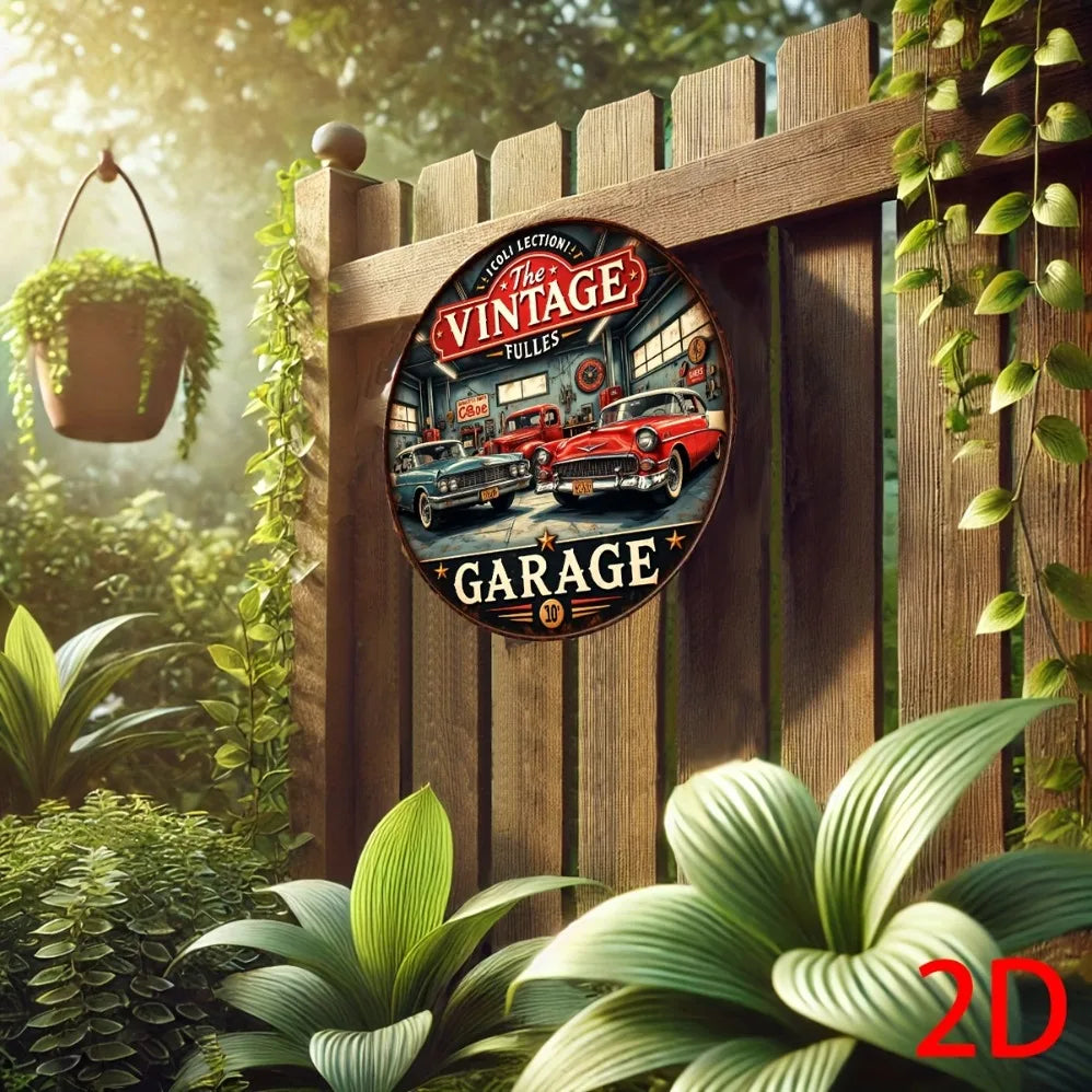 Vintage Retro Garage Aluminum Round Wall Plaque: 2D Flat Metal Sign with Classic Cars & Tools Design – for Bars, Cafes,