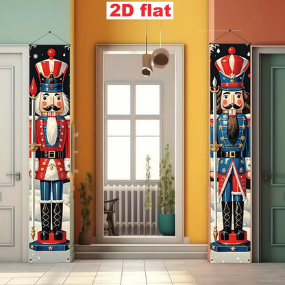 2Pcs Nutcracker Soldier Christmas Door Couplets 2D Flat Polyester Hanging Banner Xmas Front Porch Indoor Outdoor Holiday Decor