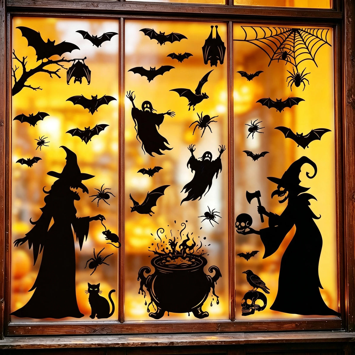 2026 New Halloween Static Window Clings Scary Witch Ghost Bat Silhouette Decals Reusable No Glue Glass Door Stickers Decoration