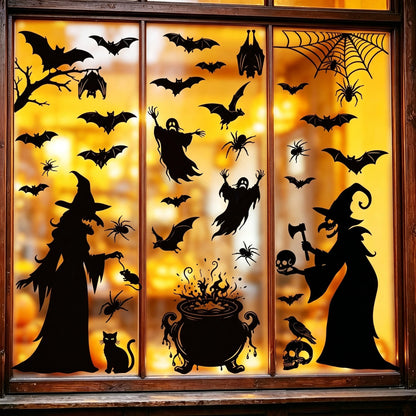 2026 New Halloween Static Window Clings Scary Witch Ghost Bat Silhouette Decals Reusable No Glue Glass Door Stickers Decoration
