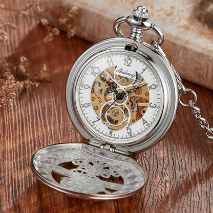 Vintage Gold Skeleton Mechanical Pocket Watch Engraved Star Moon Case Hollow Dial  Hand Wind Fob Watch with Chain for Men Women