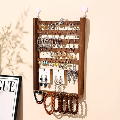 Multi-function Wooden Wall Hanging Rack, Jewelry Display Storage Holder & Key Hook for Home Entryway