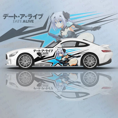 Tobiichi Origami anime car sticker on a sleek car, featuring vibrant designs and unique graphics.