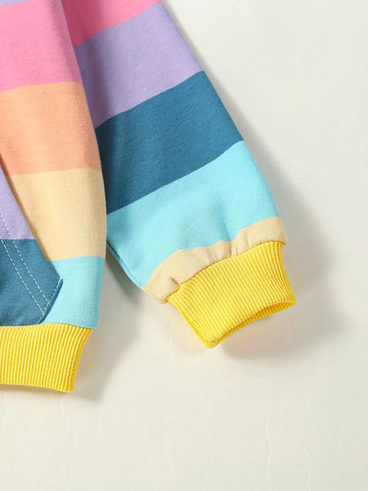Girls' Trendy Casual Hooded Sports Jacket Multi-Color Striped Long Sleeve Coat Spring Autumn Fashion Outerwear for Kids