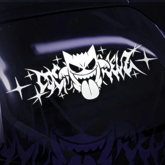 Anime Vinyl Car Decal - Fade-Resistant Sticker for Glass & Metal Surfaces - Black & White Cartoon Design with Stars & Sparkles