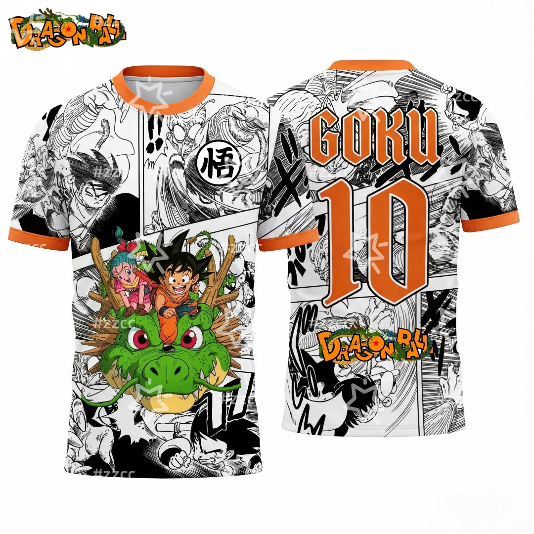 2026 Summer Dragon Ball Kid Goku #10 Soccer Jersey, 3D Manga Print Breathable Polyester Oversized Tee for Men Women Kids Y2k