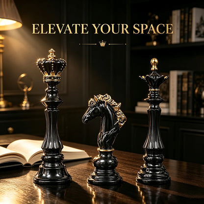 2026 Trending Chess Decor Set, Black Gold Resin King Queen Knight Statue, Modern Luxury Ornament for Home Office