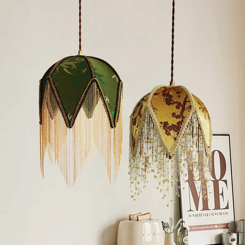 IWHD Living Room LED Pendant Light Fixture Coffee Table Decoration Green Yellow Cloth Gold Iron Hanging Lamp Iustres De Plafond