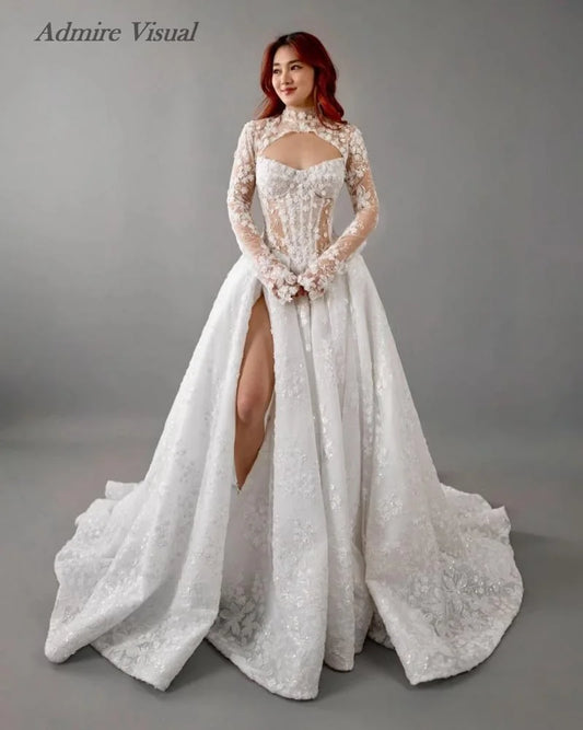 Admire Visual Wedding Dress A-Line Lace Detachable Sleeves Draped With Split On The Leg  Customized Bride Gown