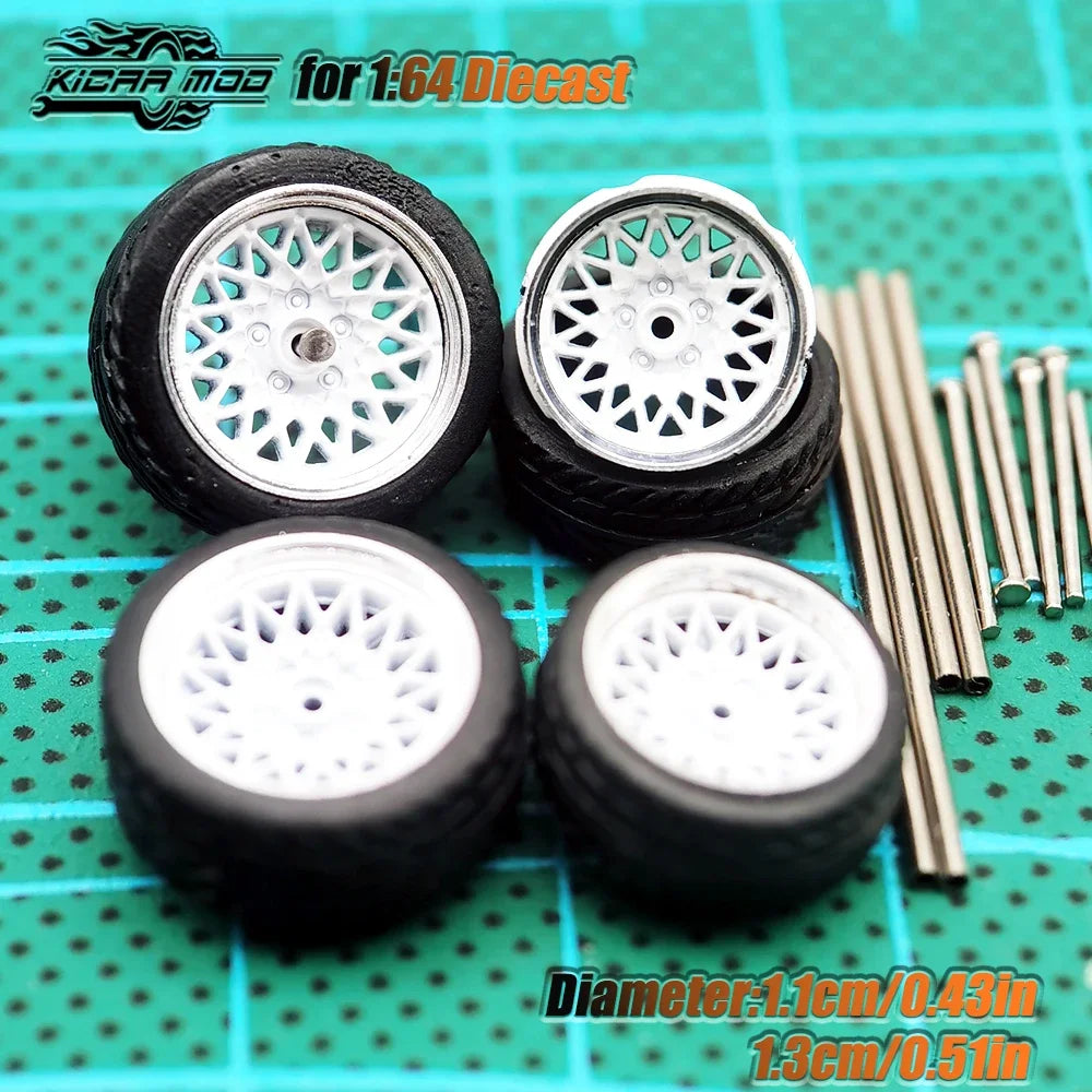 Kicarmod 1/64 Model Car ABS Wheels with Rubber Tire Metal Rims Front Small Rear Large Refitting Parts For Model Car