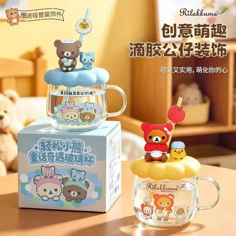 Rilakkuma Glass Water Cup With Lid Straw High Temperature Resistant Cute Cartoon Drinking Mug For Office Home Daily Use