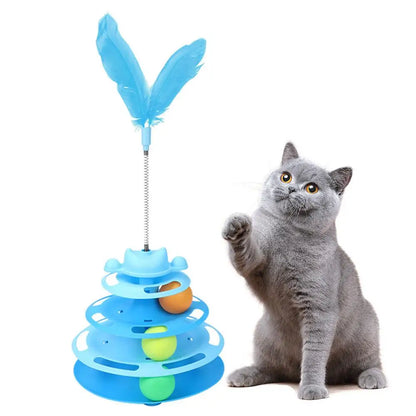 Cute 4 Layer Cat Track Toy Interactive Roller Turntable Ball With Moving Feather Wand For Kitten Fun Pet Accessories