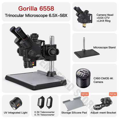 Qianli Gorilla 6558 Trinocular Microscope 6.5X-58X Zoom Industrial Thermal 4K Camera For Mobile Phones Motherboard Repair Tools