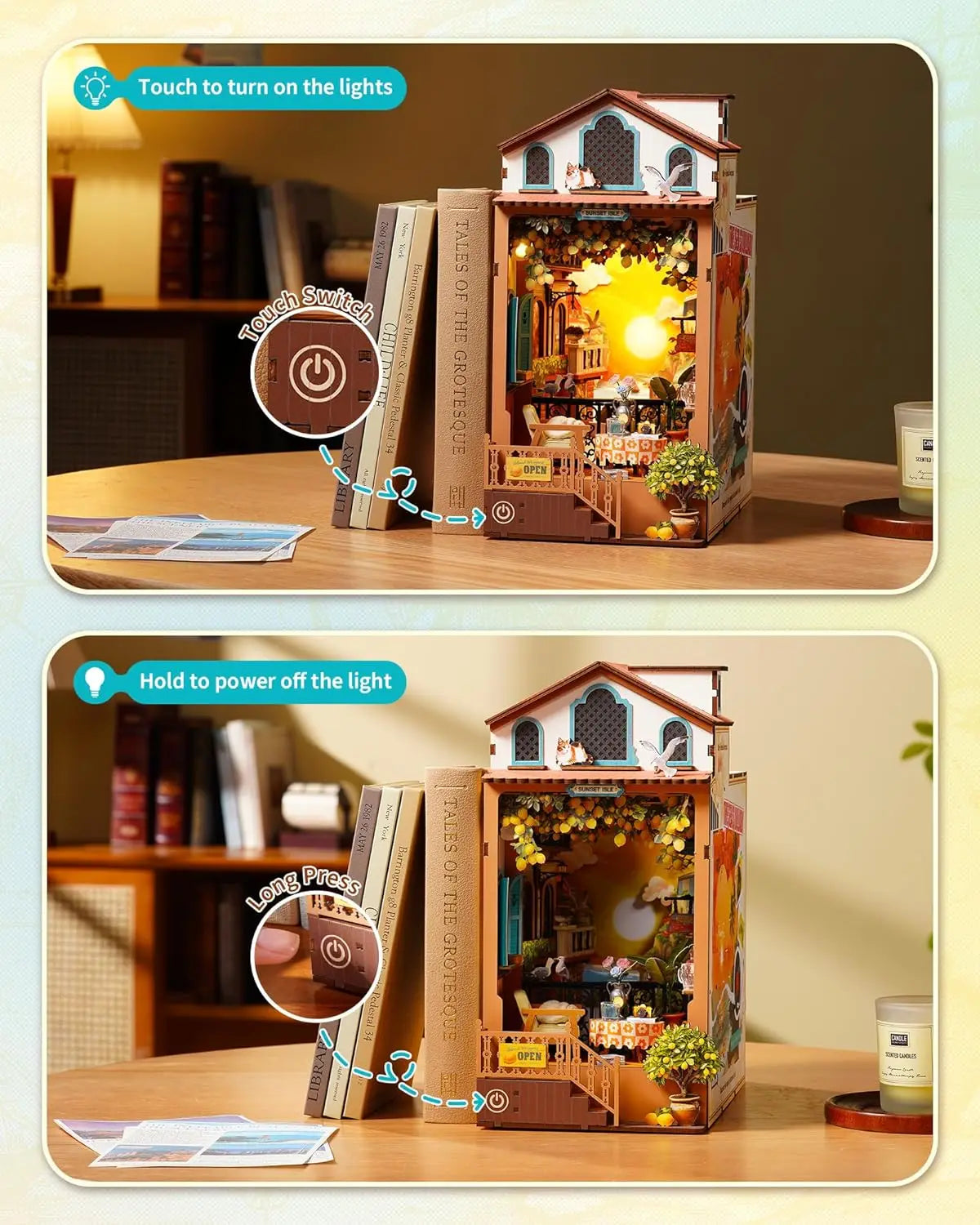 Rolife Book Nook Kit DIY Miniature Kit with Lights Sunset Isle Booknook Model Kits for Adults to Build 3D Wooden Puzzle