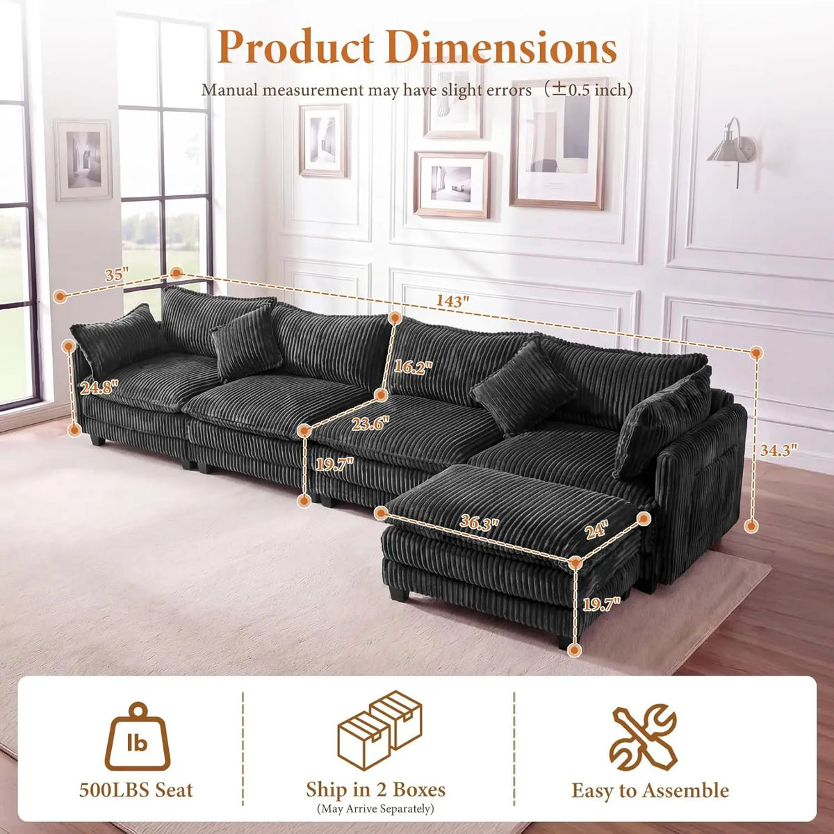 143" L Shape Modular Sectional Sofa Corduroy Upholstery Cloud Living Room 3 Seat Movable Ottoman Pillows Dark Grey Custom