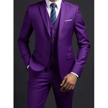 Suit (Blazer+ Vest + Trousers) Men's Fashionable Gentleman Business British Style Solid-color Banquet Host Casual Wedding Suit