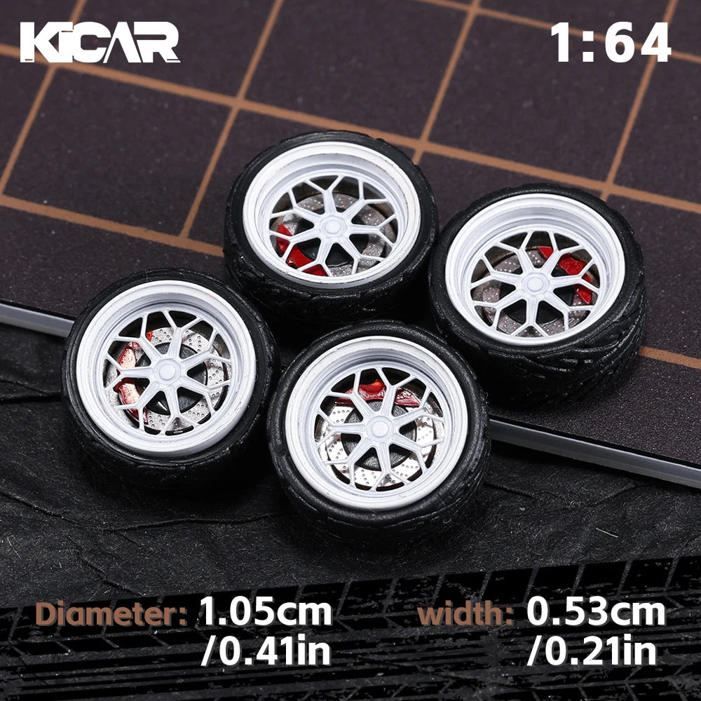 Kicarmod 1/64 10.5mm Alloy Model Wheels with Magnetic Hub Caps-with Rubber Tires for Tomica Custom Diecast Cars