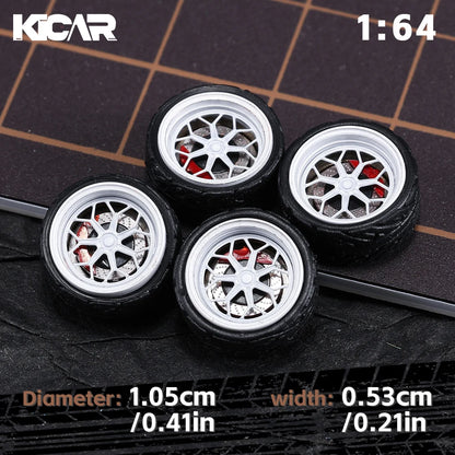 Kicarmod 1/64 10.5mm Alloy Model Wheels with Magnetic Hub Caps-with Rubber Tires for Tomica Custom Diecast Cars