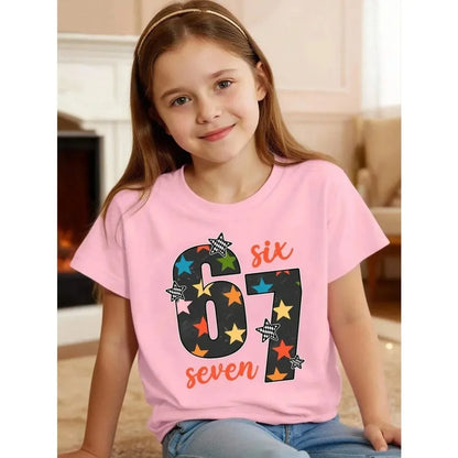 Children's 67 Christmas Elf Print Girls Short Sleeve Round Neck Tee Parties Casual Wear Comfort Children Clothes Girl Clothing