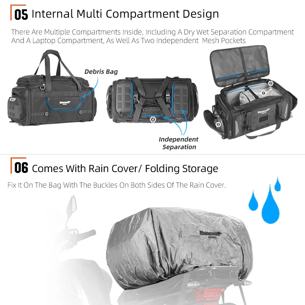 Rhinowalk Motorcycle Tail Bag Waterproof 50-70L Expandable Back Seat Bag Dry-Wet Separation Versatile Backpack 14" Laptop Pocket