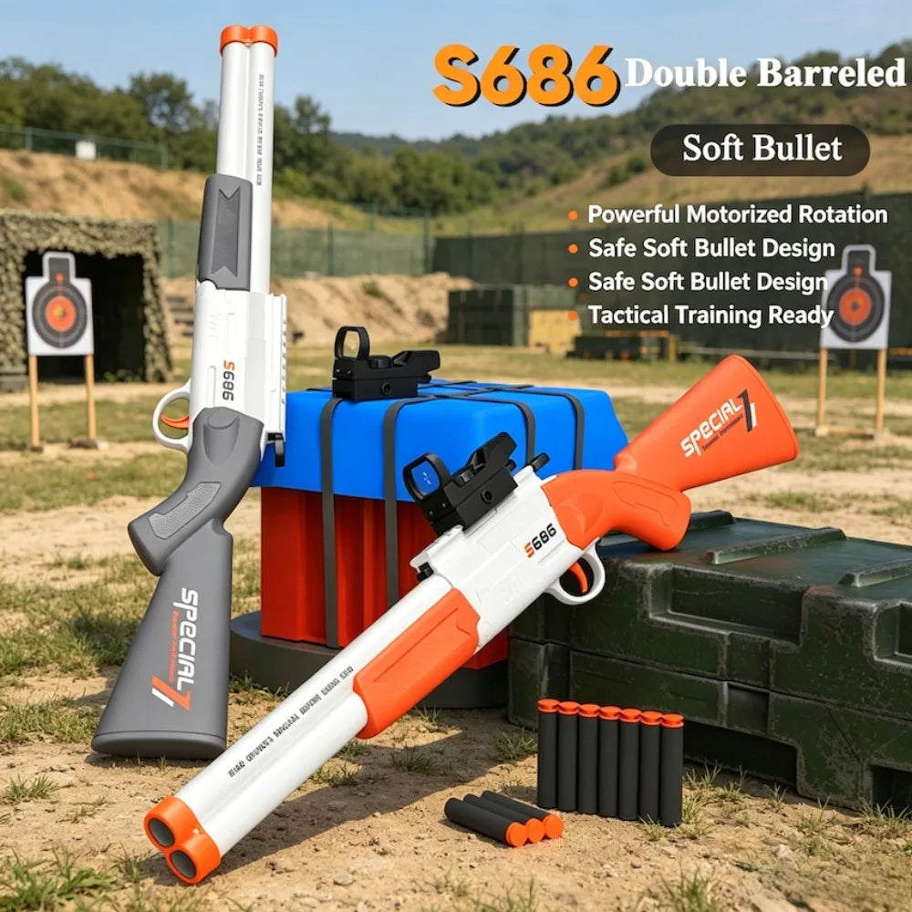 S686 Double Barrel Shotgun Toy with Scope & Soft Bullets Manually Loaded Gun Outdoor Hunting Shooting Game Christmas Gift