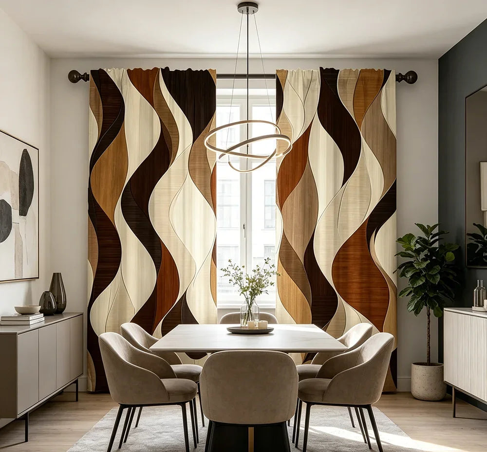 2PCS Digital Printed Curtains with Earthy Waves Design, Stylish Window Drapes for Living Room Bedroom Home Decoration and Kitche