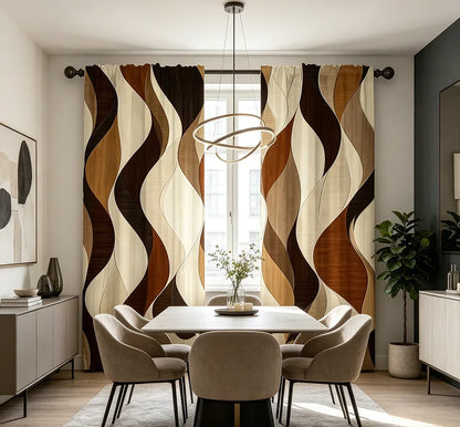 2PCS Digital Printed Curtains with Earthy Waves Design, Stylish Window Drapes for Living Room Bedroom Home Decoration and Kitche