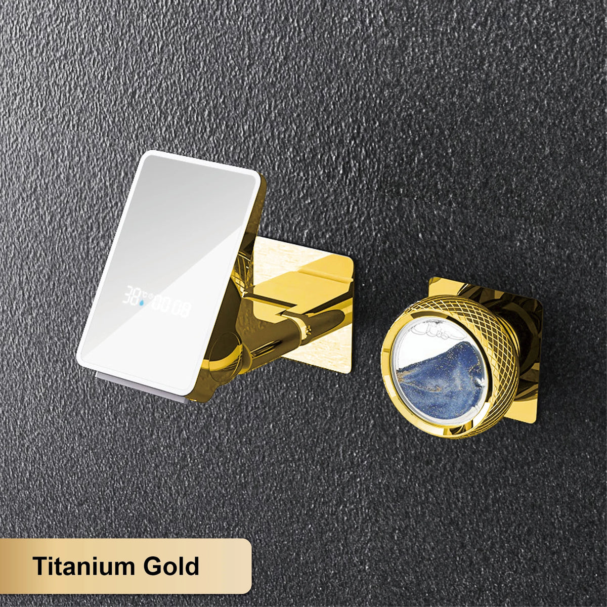 Luxury Brass Titanium LED Digital Display Wall Mounted Bathroom Faucet with Embedded 2 Cold and Hot Water Waterfall Basin Mixer