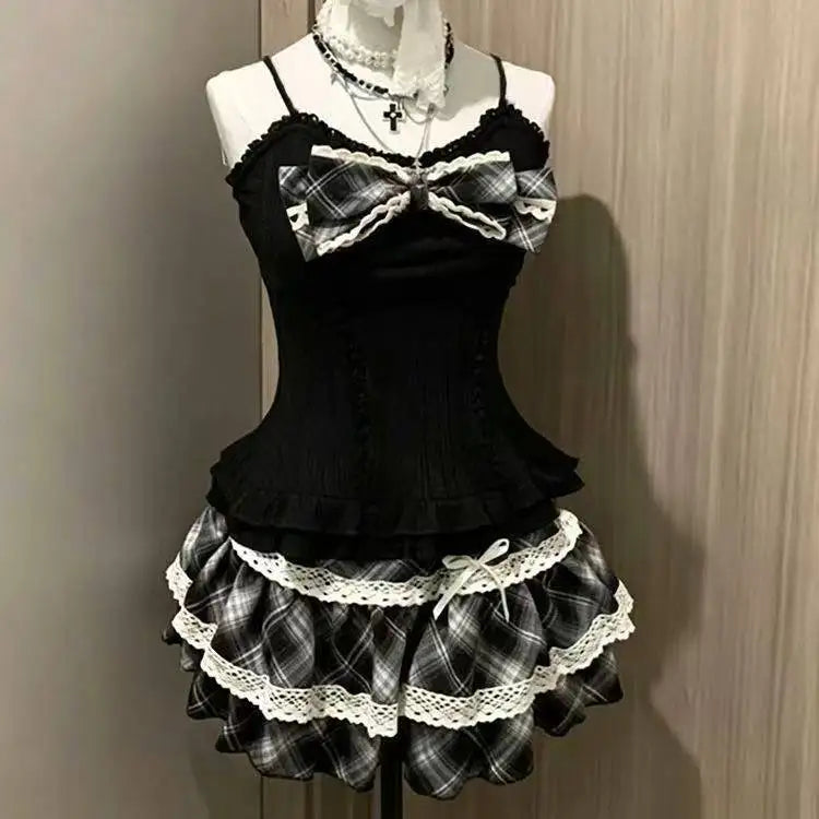 Sweet Lolita Lace Up Ruffles Cardigan+ Sexy Slim Fit Strapless Vest Tops+ High Waist Ruched Skirts Early Autumn Three Piece Sets