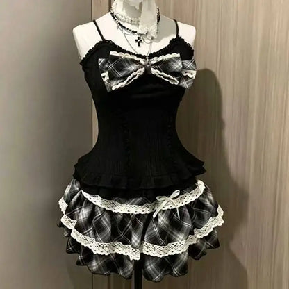 Sweet Lolita Lace Up Ruffles Cardigan+ Sexy Slim Fit Strapless Vest Tops+ High Waist Ruched Skirts Early Autumn Three Piece Sets