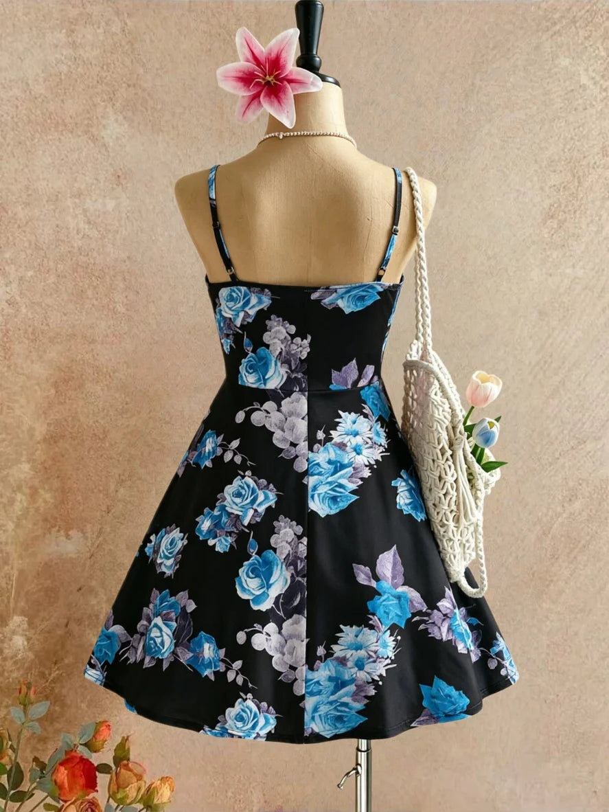 Women Spaghetti Strap U Neck Blue Floral Print High Waist Swing Mini Dress 2026 Summer Y2K Black Background Sleeveless Beach Vac