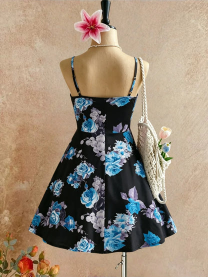 Women Spaghetti Strap U Neck Blue Floral Print High Waist Swing Mini Dress 2026 Summer Y2K Black Background Sleeveless Beach Vac