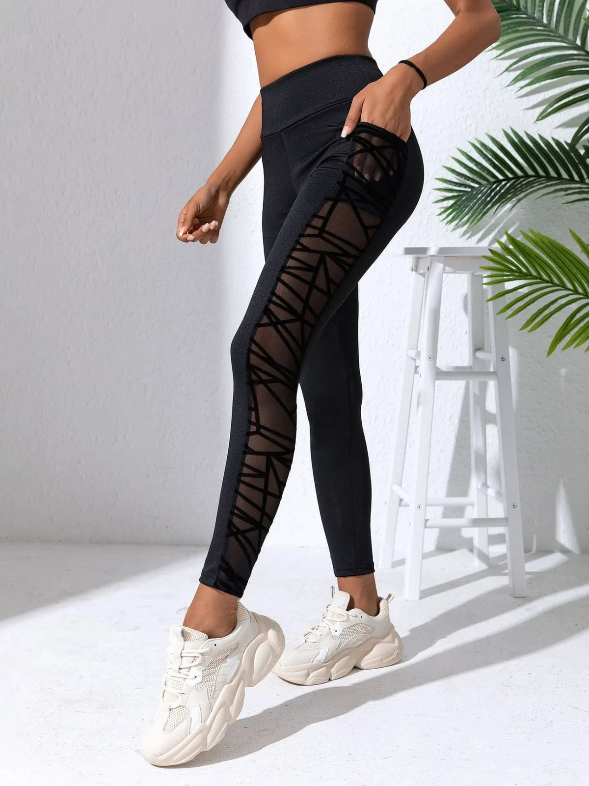 Side Mesh Yoga Women's Leggings Black Fabric Patchwork High Waist Soft Comfortable Gym Fitness Sportswear Long Pants