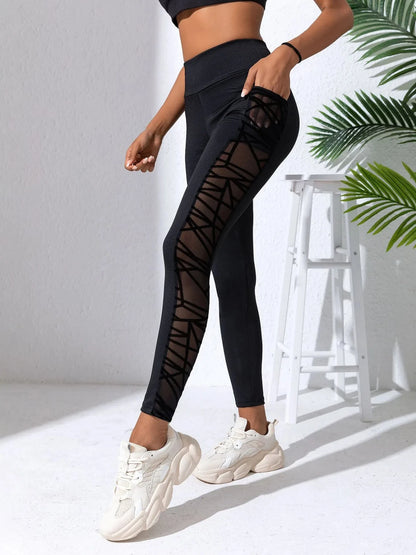 Side Mesh Yoga Women's Leggings Black Fabric Patchwork High Waist Soft Comfortable Gym Fitness Sportswear Long Pants